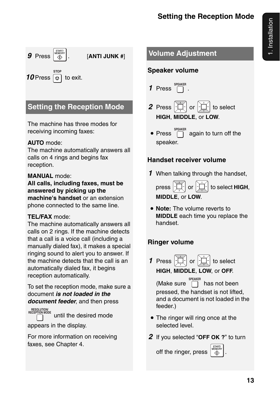 Setting the reception mode, Volume adjustment, Setting the reception mode volume adjustment | Sharp UX-B800SE User Manual | Page 15 / 76