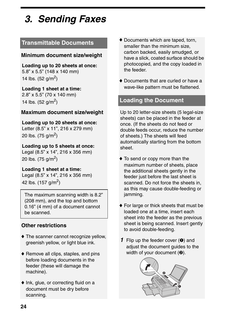 Sending faxes, Transmittable documents, Loading the document | Transmittable documents loading the document | Sharp UX-B800SE User Manual | Page 26 / 76