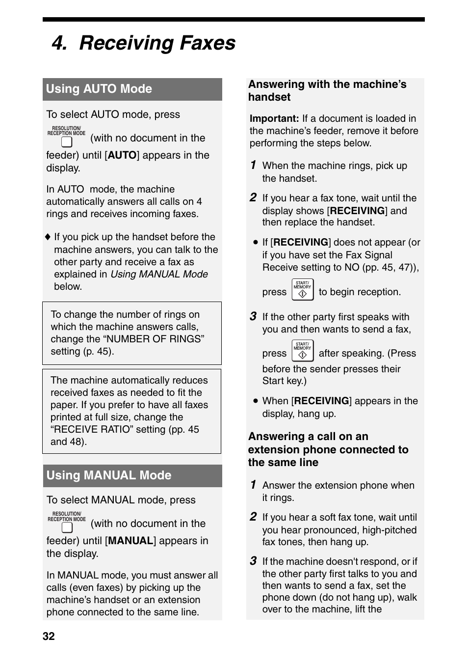 Receiving faxes, Using auto mode, Using manual mode | Using auto mode using manual mode | Sharp UX-B800SE User Manual | Page 34 / 76