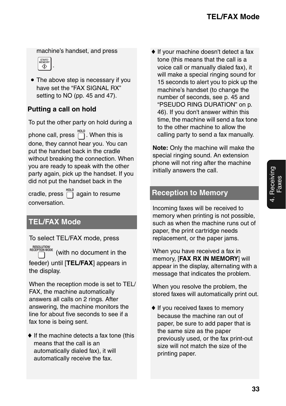 Tel/fax mode, Reception to memory | Sharp UX-B800SE User Manual | Page 35 / 76