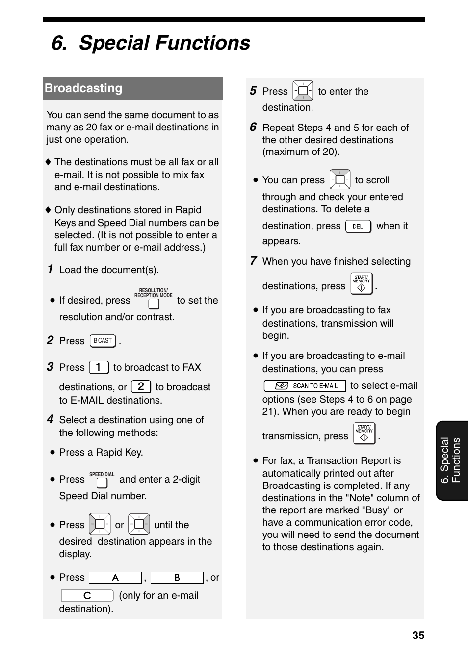 Special functions, Broadcasting | Sharp UX-B800SE User Manual | Page 37 / 76