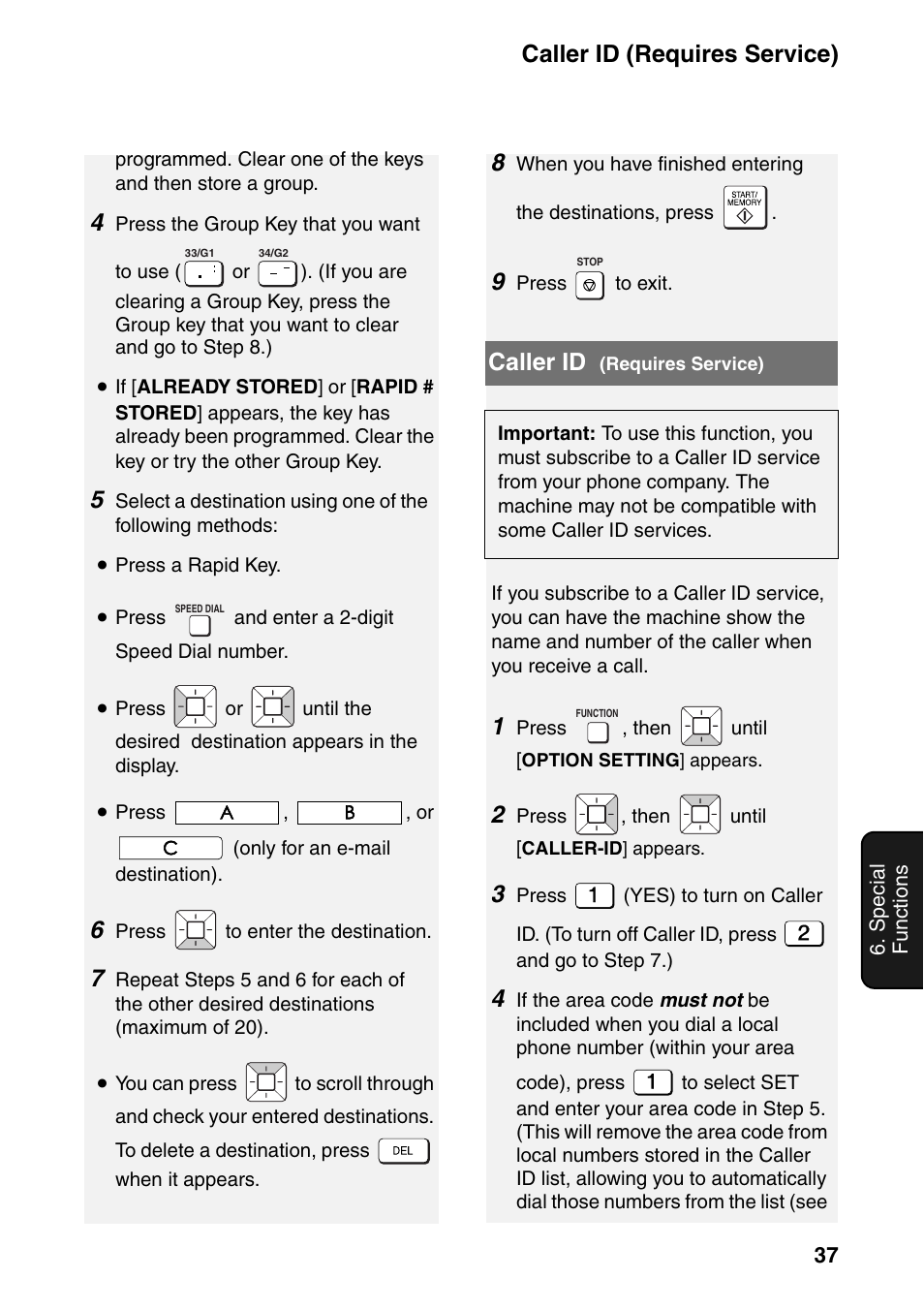 Caller id (requires service), Caller id | Sharp UX-B800SE User Manual | Page 39 / 76