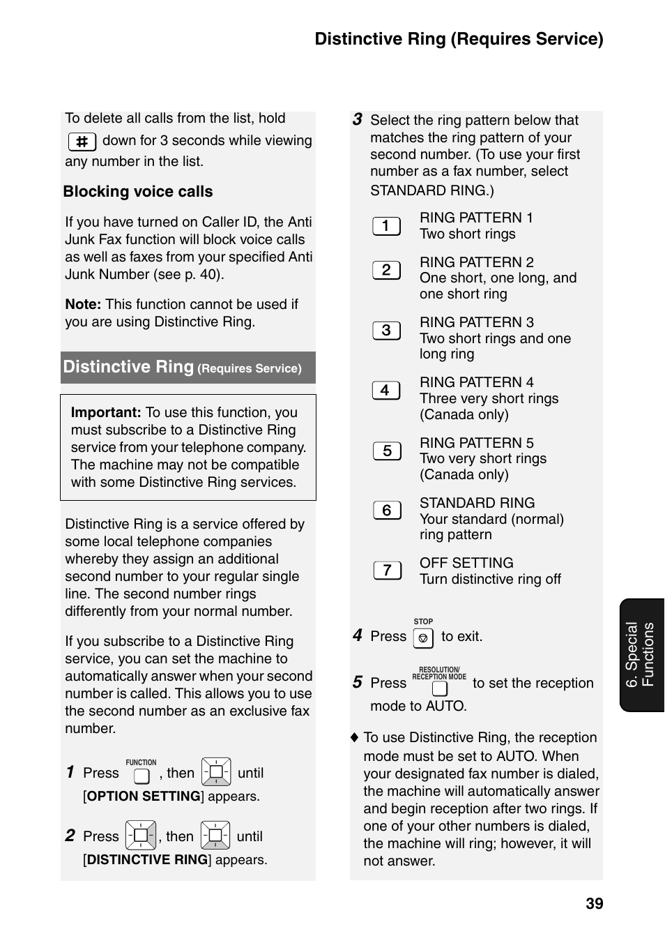 Distinctive ring (requires service), Distinctive ring (requires service) . 39, Distinctive ring | Sharp UX-B800SE User Manual | Page 41 / 76