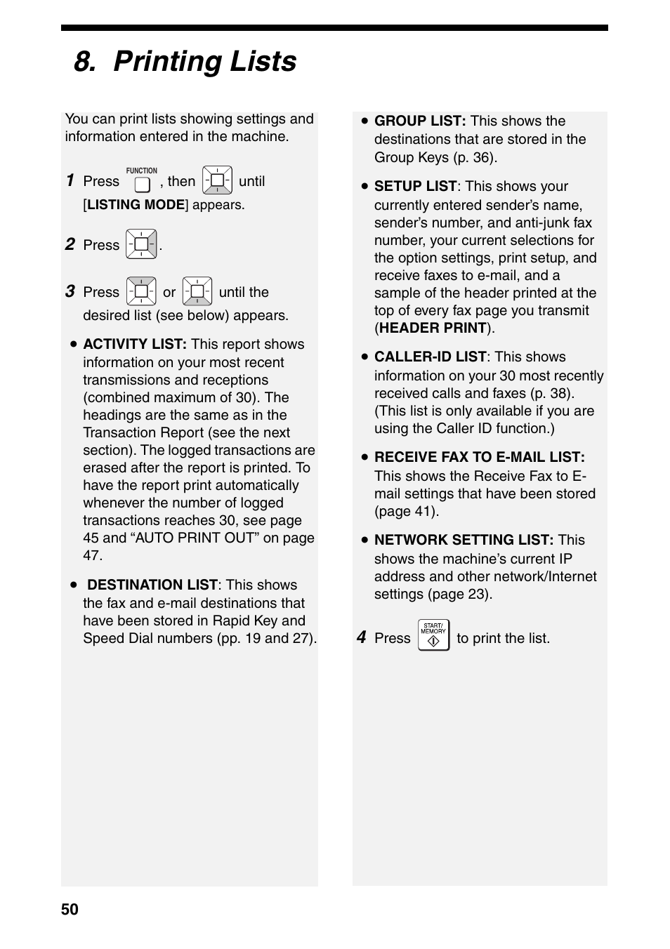 Printing lists | Sharp UX-B800SE User Manual | Page 52 / 76