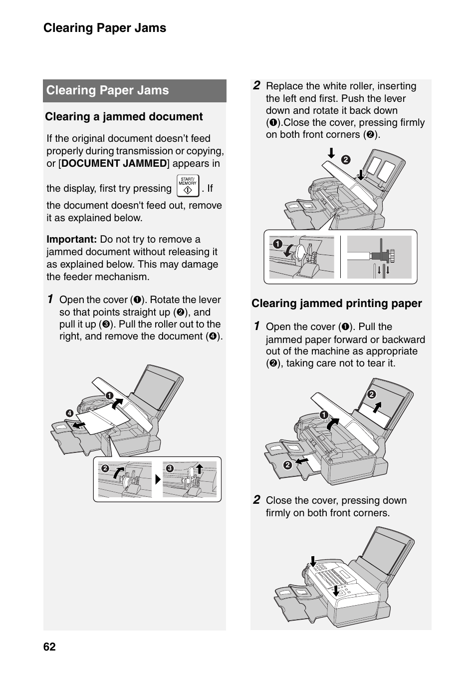 Clearing paper jams, E 62, E 62 to | Sharp UX-B800SE User Manual | Page 64 / 76