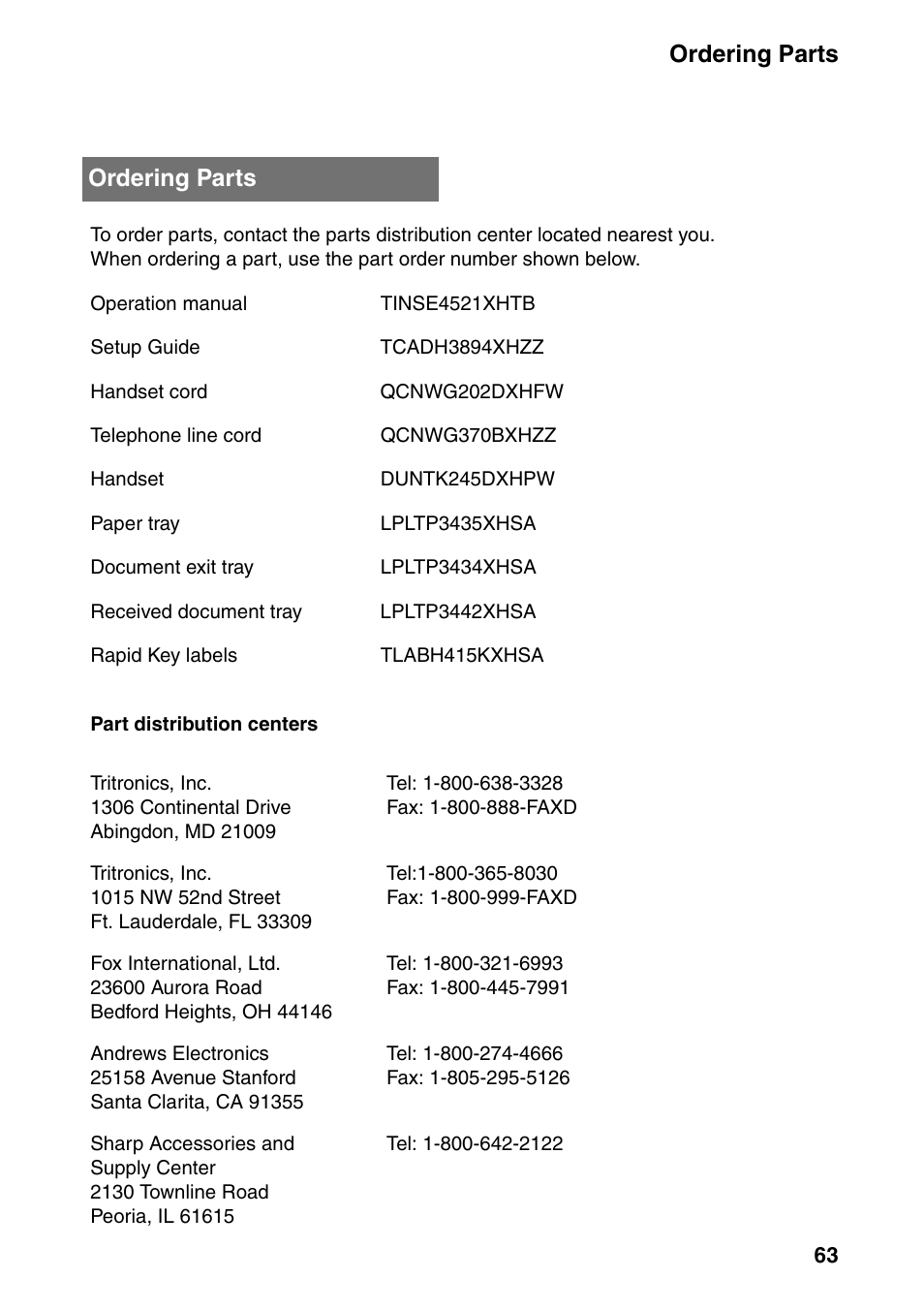 Ordering parts | Sharp UX-B800SE User Manual | Page 65 / 76