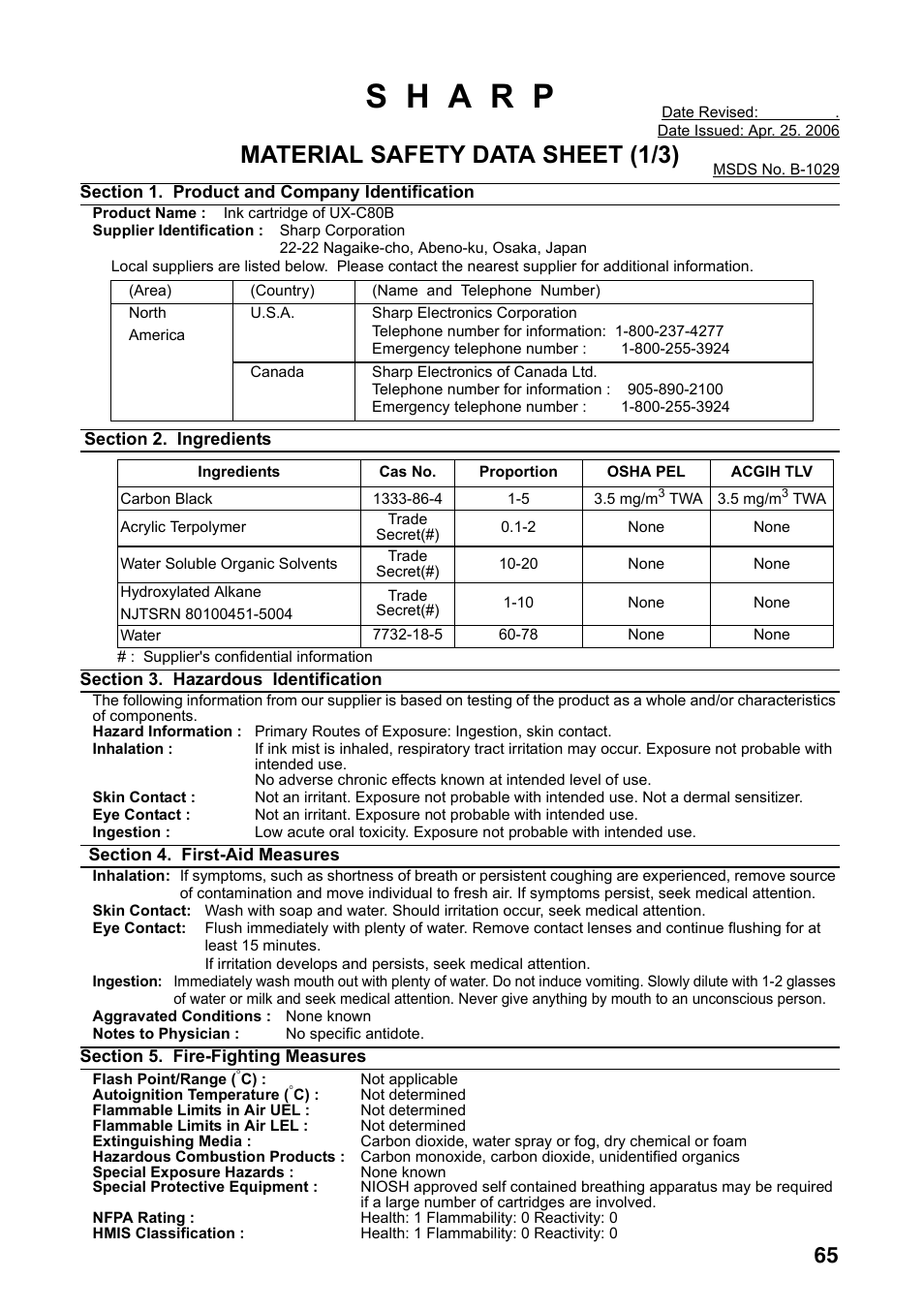 Material safety data sheet (1/3) | Sharp UX-B800SE User Manual | Page 67 / 76