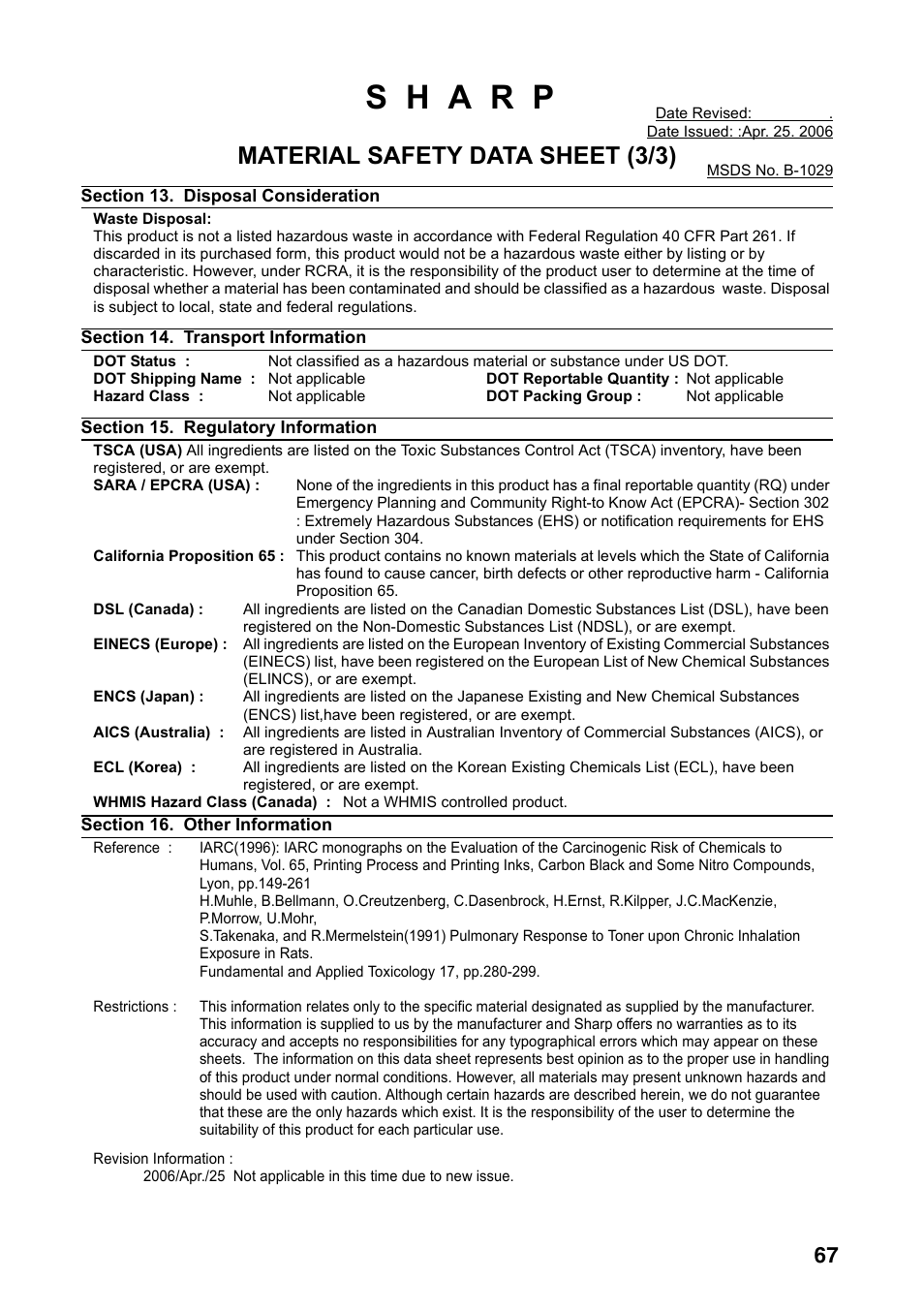 Material safety data sheet (3/3) | Sharp UX-B800SE User Manual | Page 69 / 76