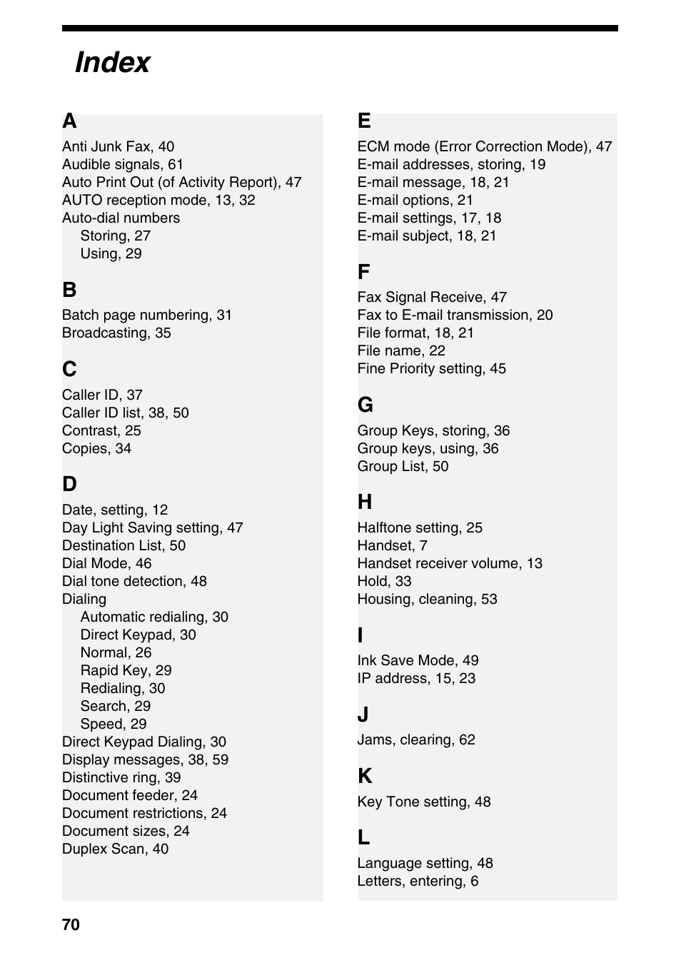 Index | Sharp UX-B800SE User Manual | Page 72 / 76