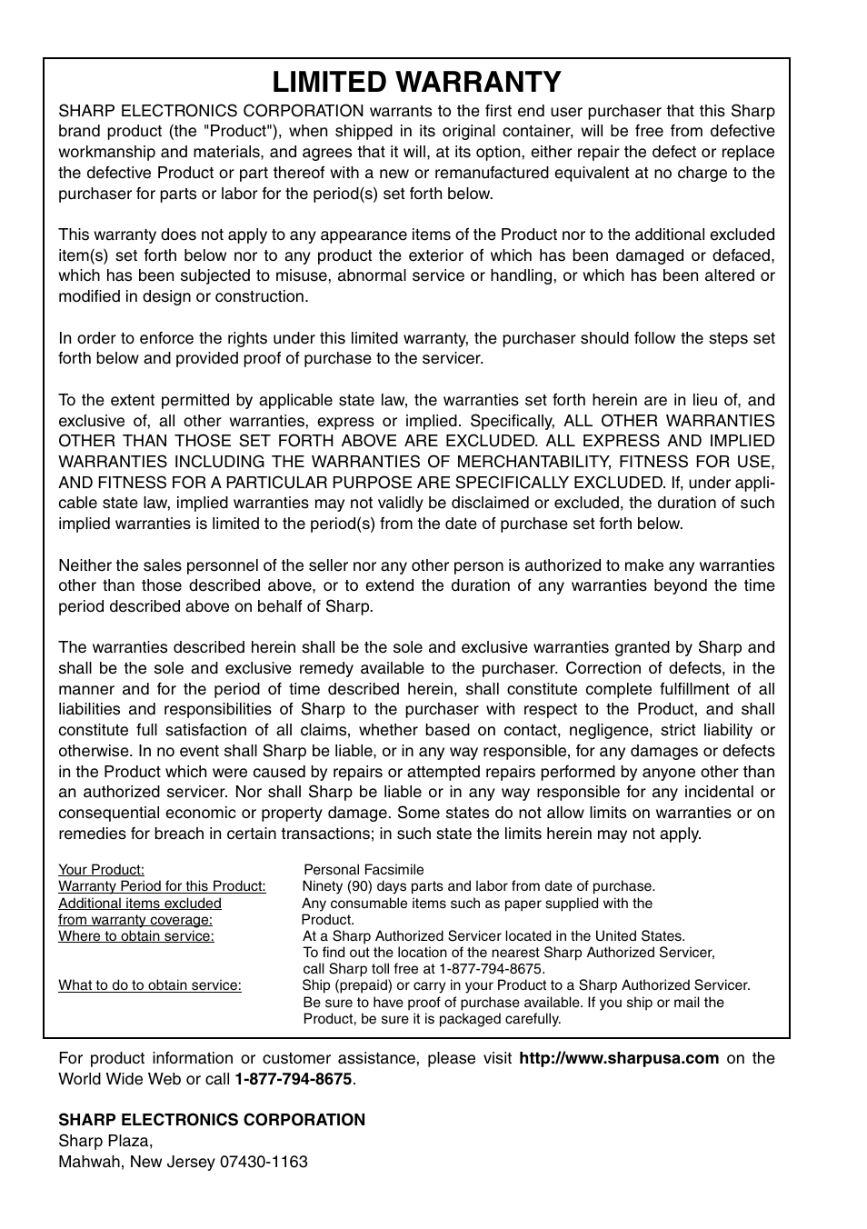 Limited warranty | Sharp UX-B800SE User Manual | Page 75 / 76