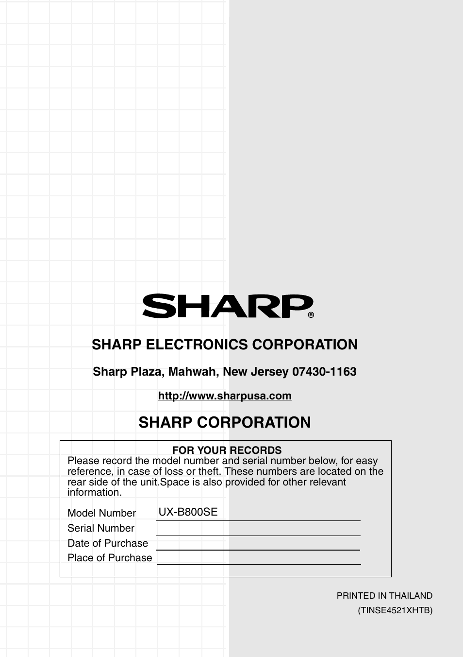Sharp corporation, Sharp electronics corporation | Sharp UX-B800SE User Manual | Page 76 / 76