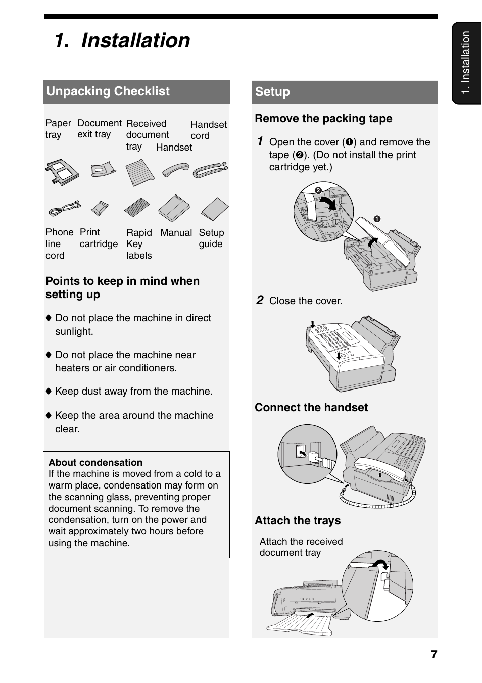 Installation, Unpacking checklist, Setup | Unpacking checklist setup | Sharp UX-B800SE User Manual | Page 9 / 76