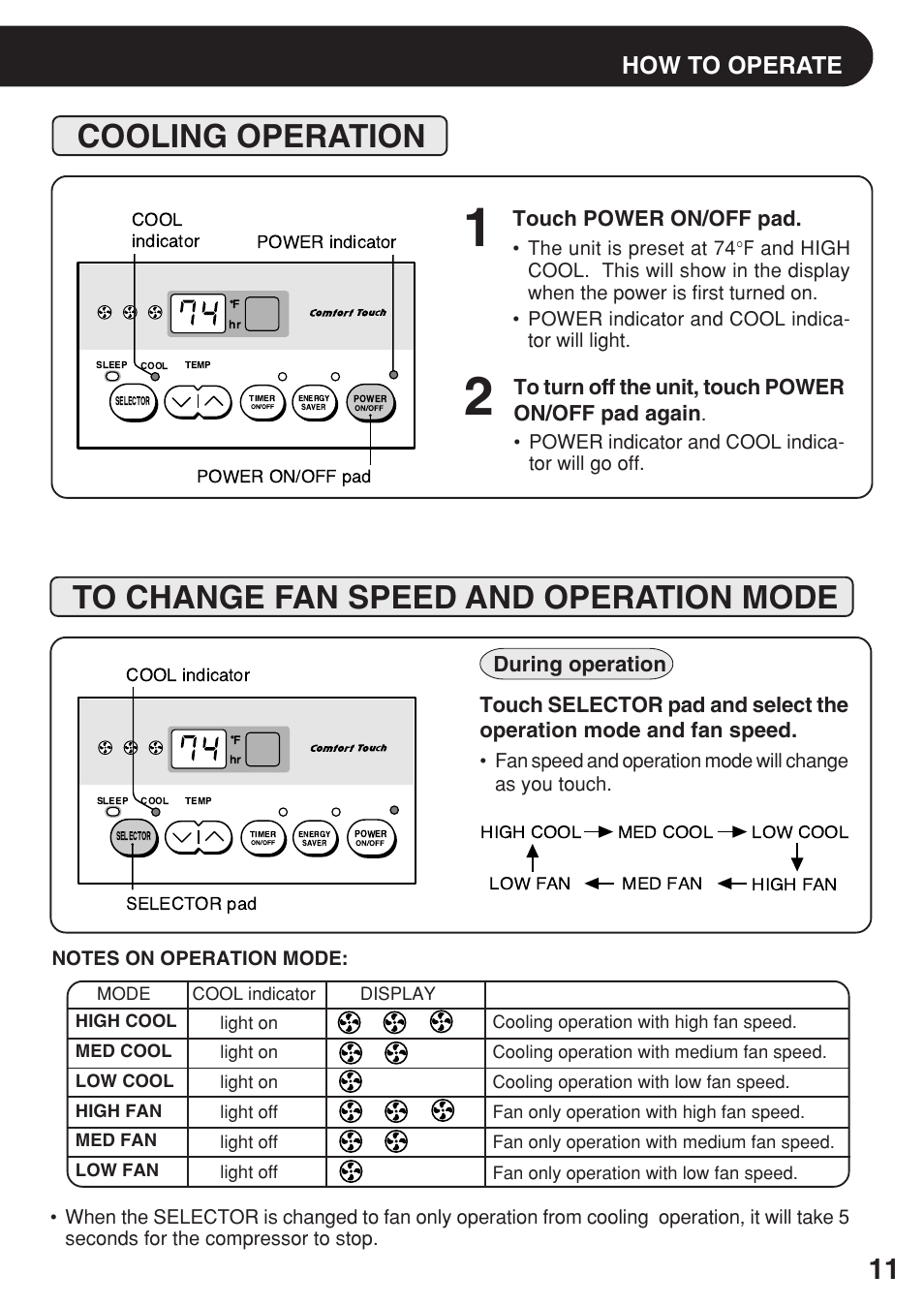 Cooling operation, To change fan speed and operation mode, How to operate | Touch power on/off pad | Sharp AF-08ERL User Manual | Page 11 / 20