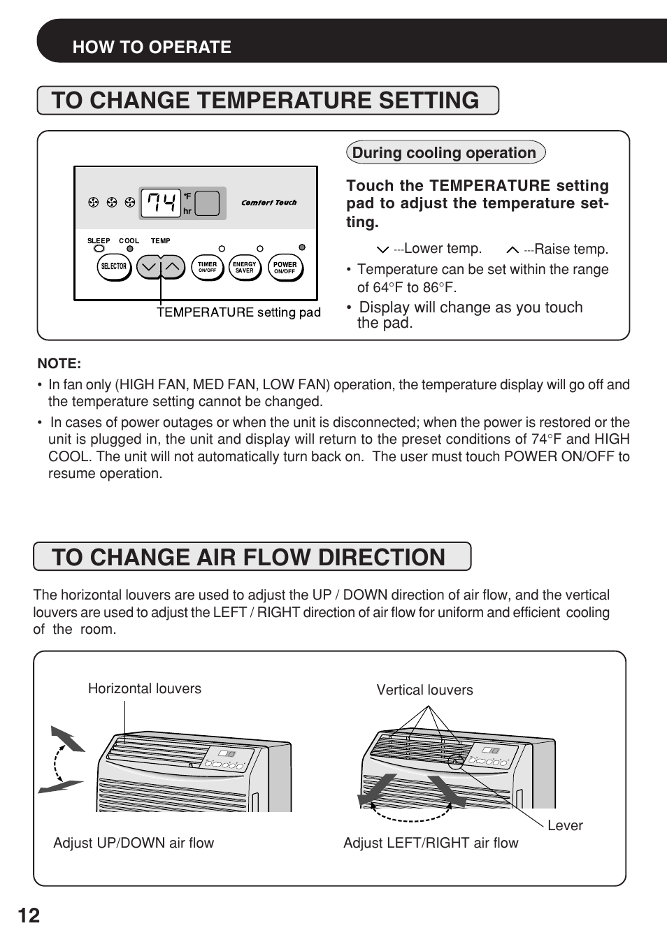 To change temperature setting, To change air flow direction, How to operate | Display will change as you touch the pad, During cooling operation | Sharp AF-08ERL User Manual | Page 12 / 20