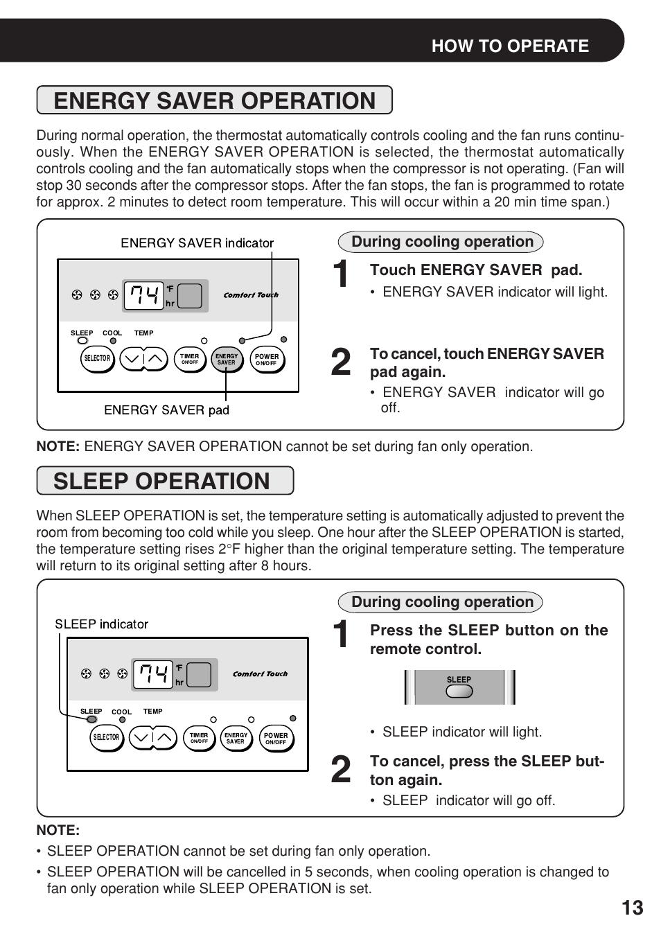 Energy saver operation, Sleep operation, How to operate | During cooling operation, Touch energy saver pad, Press the sleep button on the remote control | Sharp AF-08ERL User Manual | Page 13 / 20