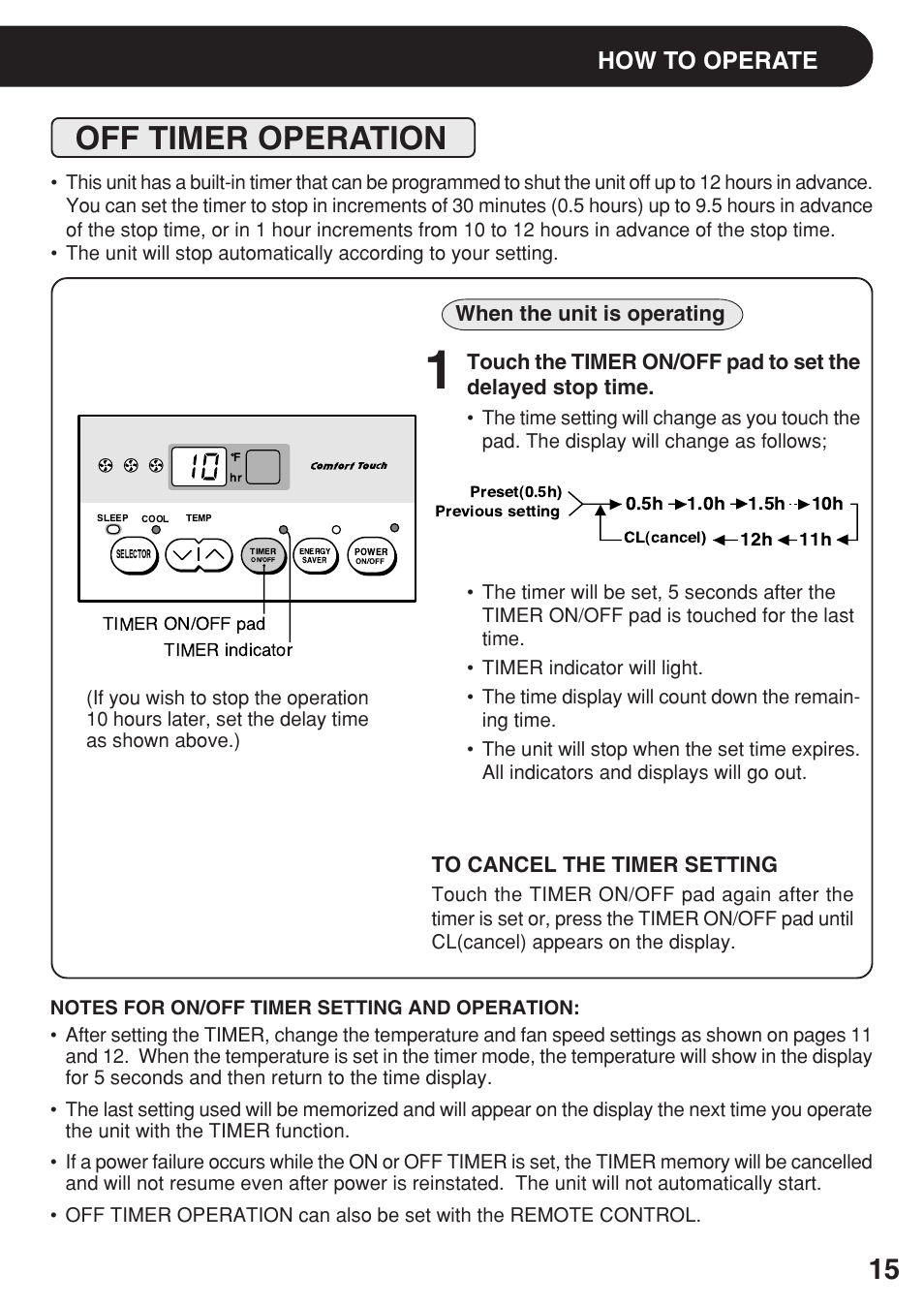 Off timer operation, How to operate, When the unit is operating | Sharp AF-08ERL User Manual | Page 15 / 20