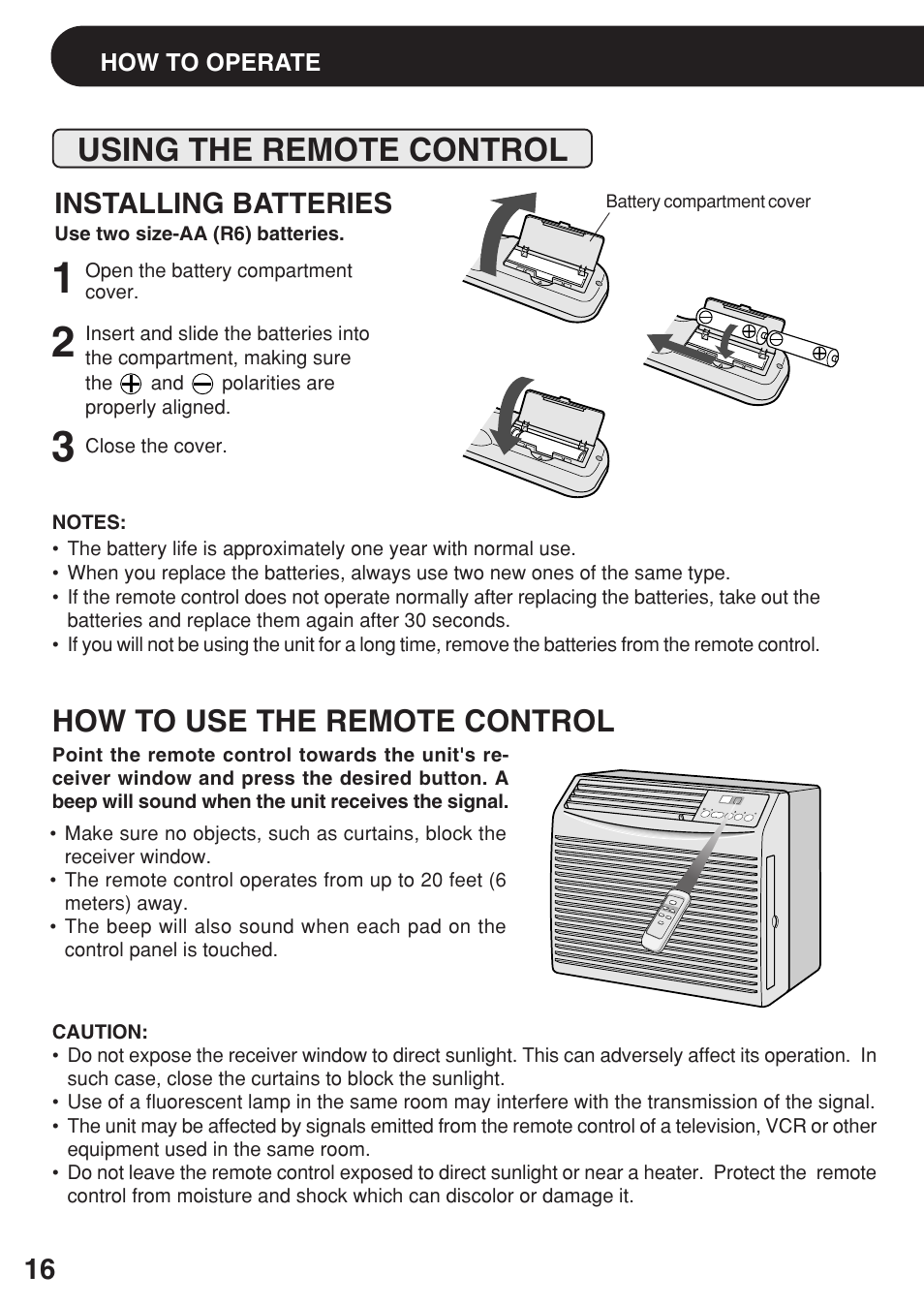 Using the remote control, How to use the remote control, Installing batteries | Sharp AF-08ERL User Manual | Page 16 / 20