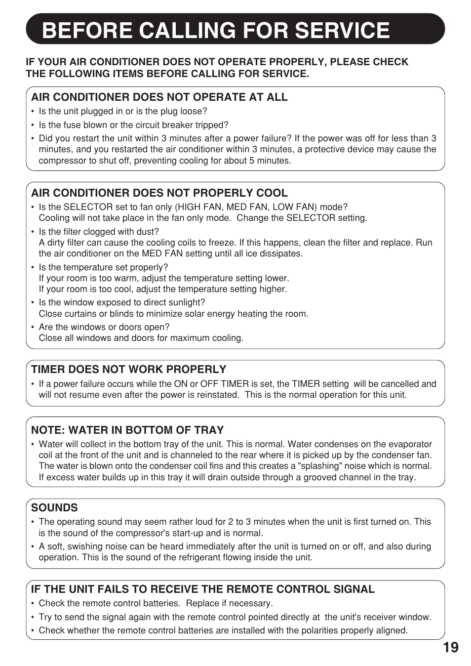 Before calling for servlce | Sharp AF-08ERL User Manual | Page 19 / 20