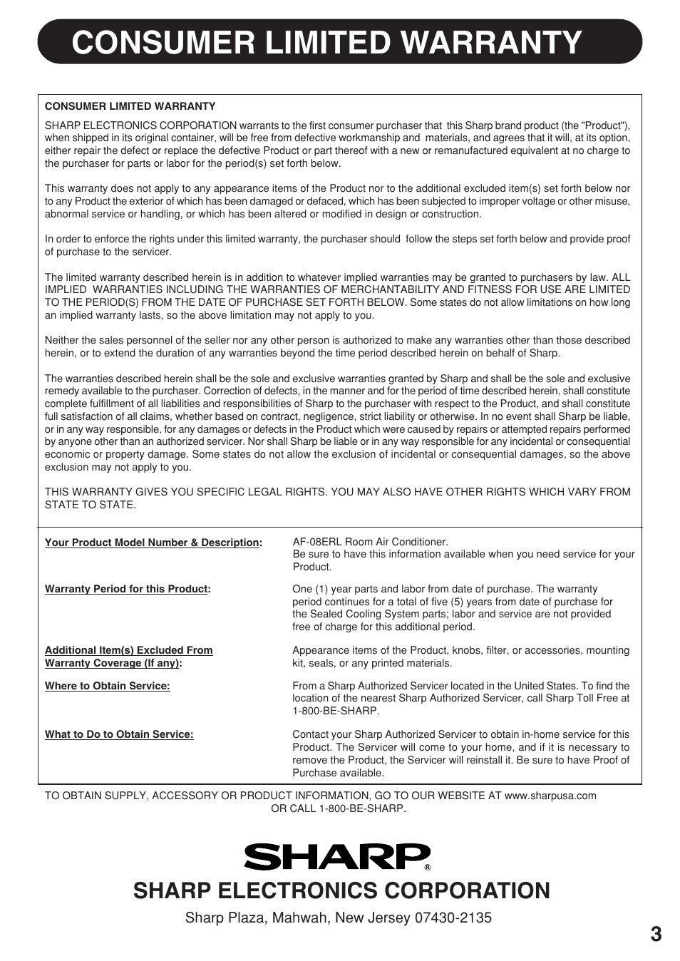 Consumer limited warranty, Sharp electronics corporation | Sharp AF-08ERL User Manual | Page 3 / 20