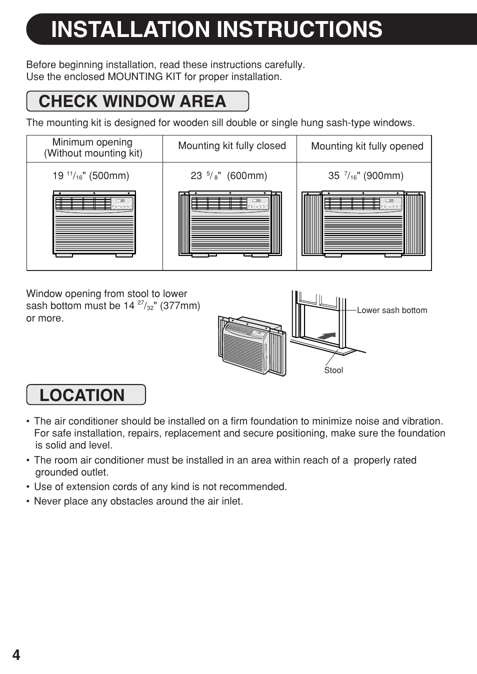 Installation instructions, Check window area, Location | Sharp AF-08ERL User Manual | Page 4 / 20