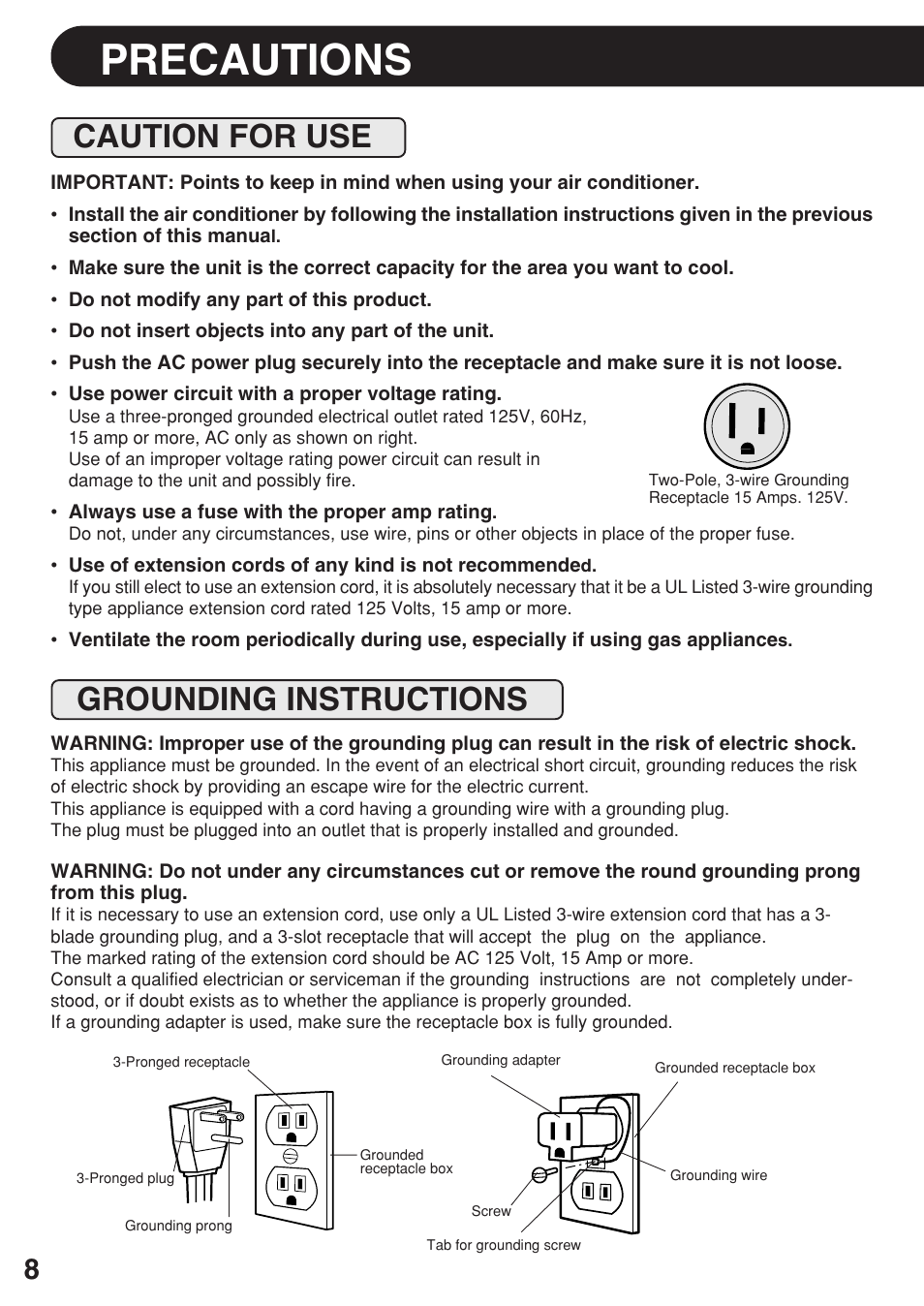 Precautions, Caution for use, Grounding instructions | Caution for use grounding instructions | Sharp AF-08ERL User Manual | Page 8 / 20