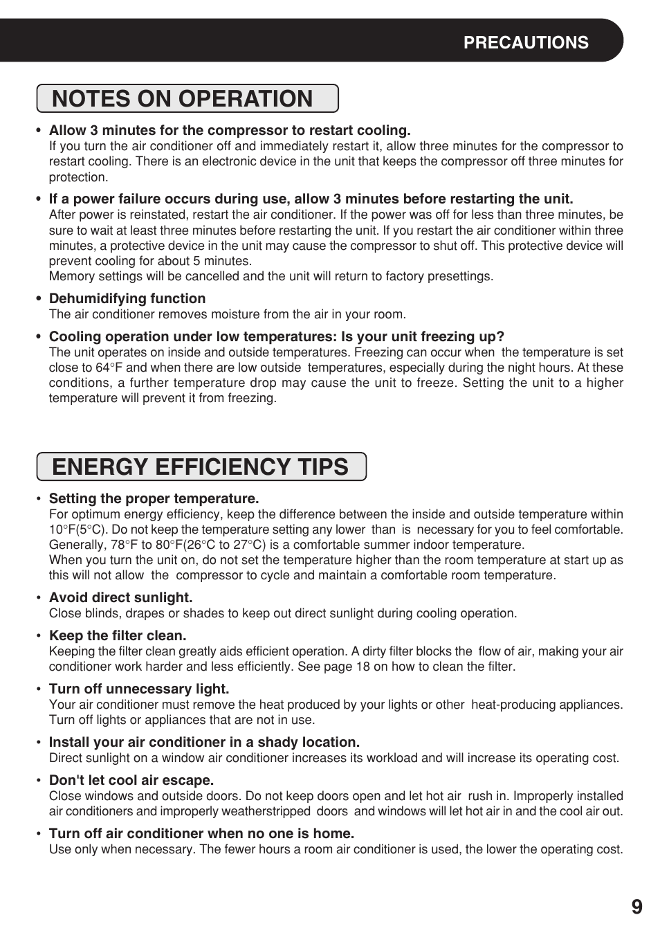 Notes on operation, Energy efficiency tips, Precautions | Sharp AF-08ERL User Manual | Page 9 / 20