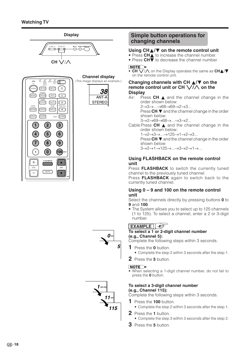 Simple button operations for changing channels, Watching tv, Using ch a / b on the remote control unit | Using flashback on the remote control unit | Sharp Aquos LC 30HV2U User Manual | Page 19 / 81