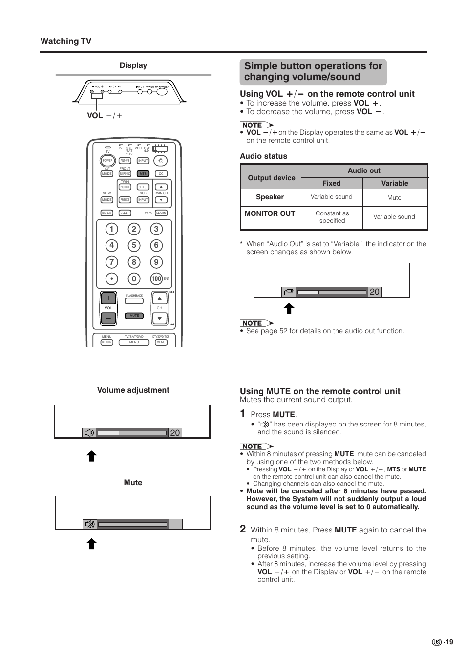 Simple button operations for changing volume/sound, Using mute on the remote control unit, Watching tv | Display volume adjustment mute, Mutes the current sound output, Press mute, Audio status, 0vol l/k | Sharp Aquos LC 30HV2U User Manual | Page 20 / 81