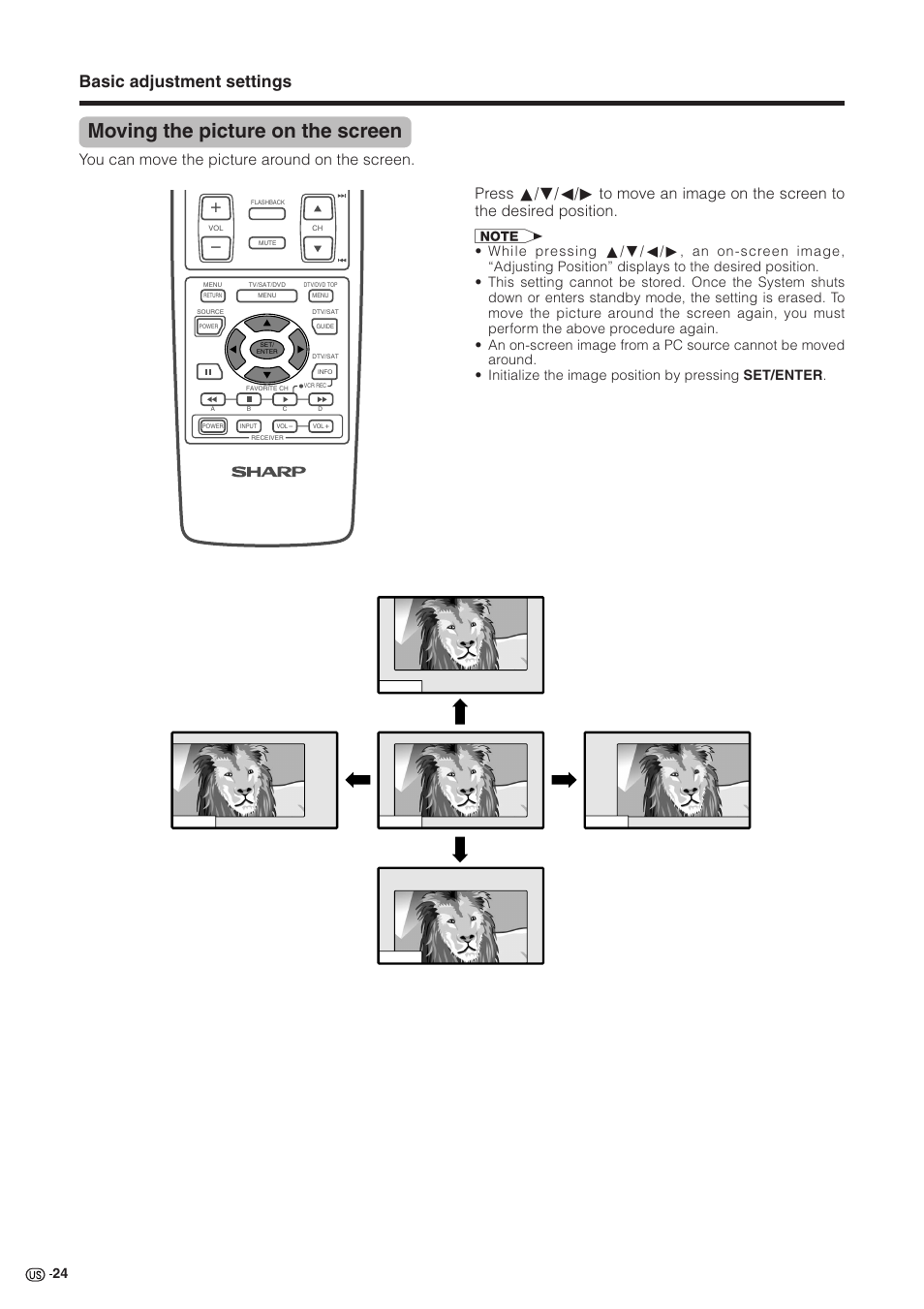 Moving the picture on the screen, Basic adjustment settings, You can move the picture around on the screen | Sharp Aquos LC 30HV2U User Manual | Page 25 / 81