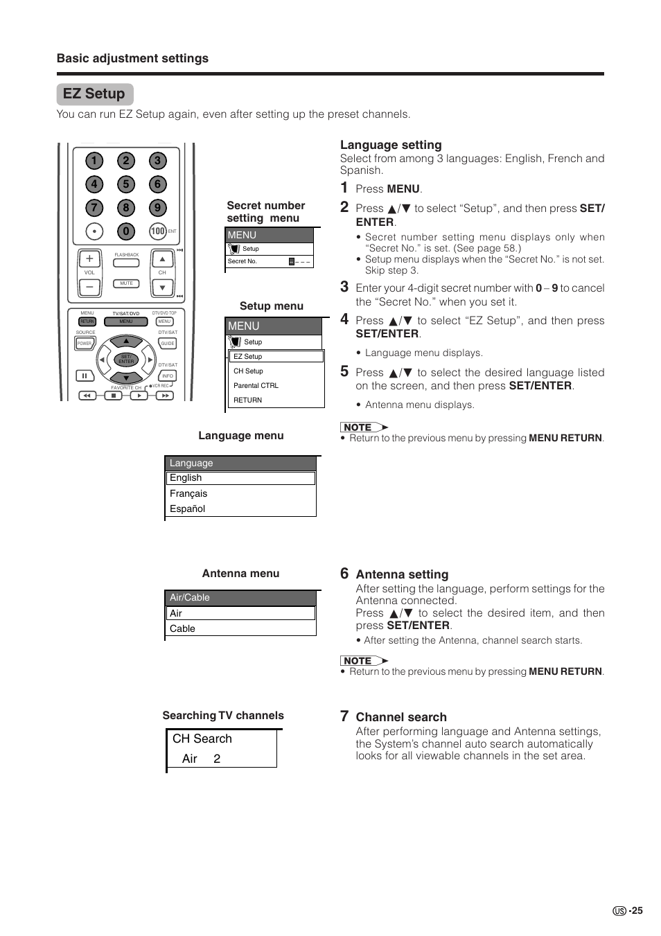 Ez setup, Basic adjustment settings, Language setting | Antenna setting, Channel search, Ch search air 2 | Sharp Aquos LC 30HV2U User Manual | Page 26 / 81