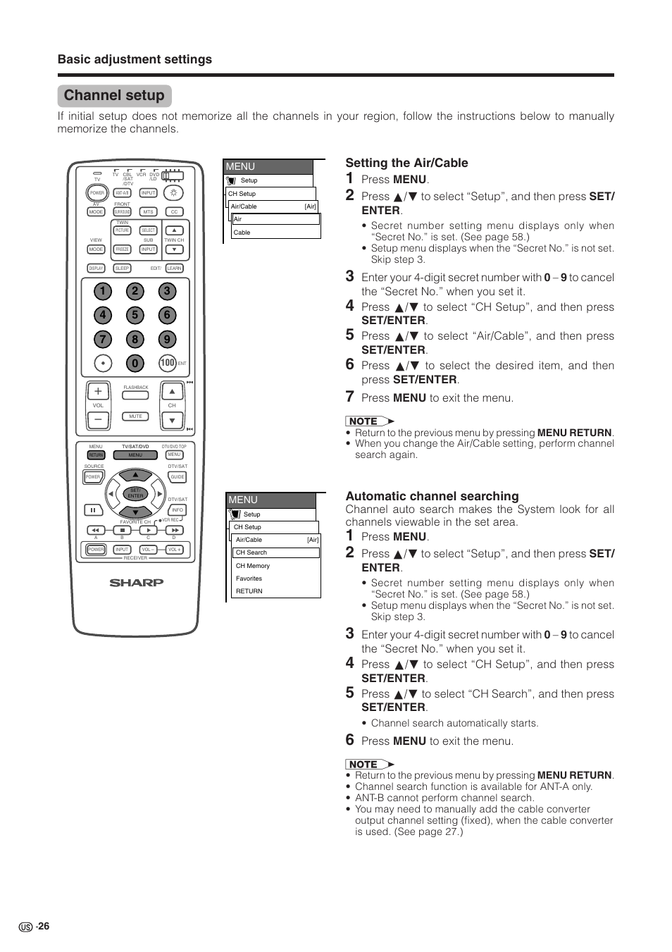 Channel setup, Basic adjustment settings setting the air/cable, Automatic channel searching | Press menu, Press menu to exit the menu | Sharp Aquos LC 30HV2U User Manual | Page 27 / 81