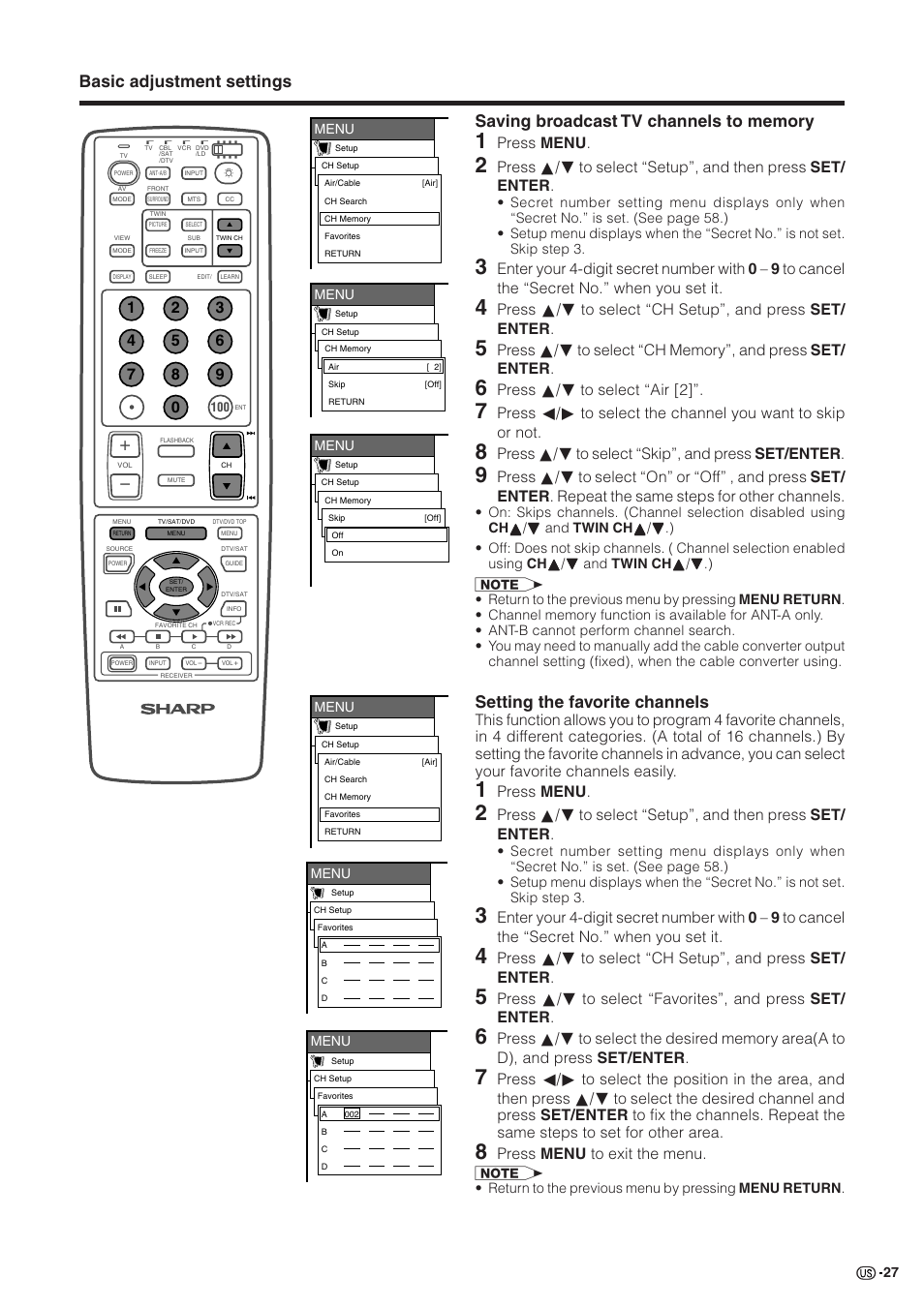 Setting the favorite channels, Press menu, Press a/b to select “air [2 | Press a/b to select “skip”, and press set/enter, Press menu to exit the menu | Sharp Aquos LC 30HV2U User Manual | Page 28 / 81