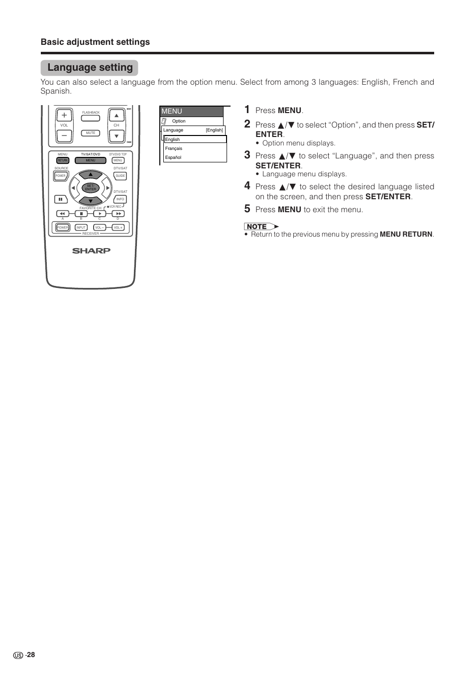 Language setting, Basic adjustment settings, Press menu | Press menu to exit the menu, Option menu displays, Language menu displays, Menu | Sharp Aquos LC 30HV2U User Manual | Page 29 / 81