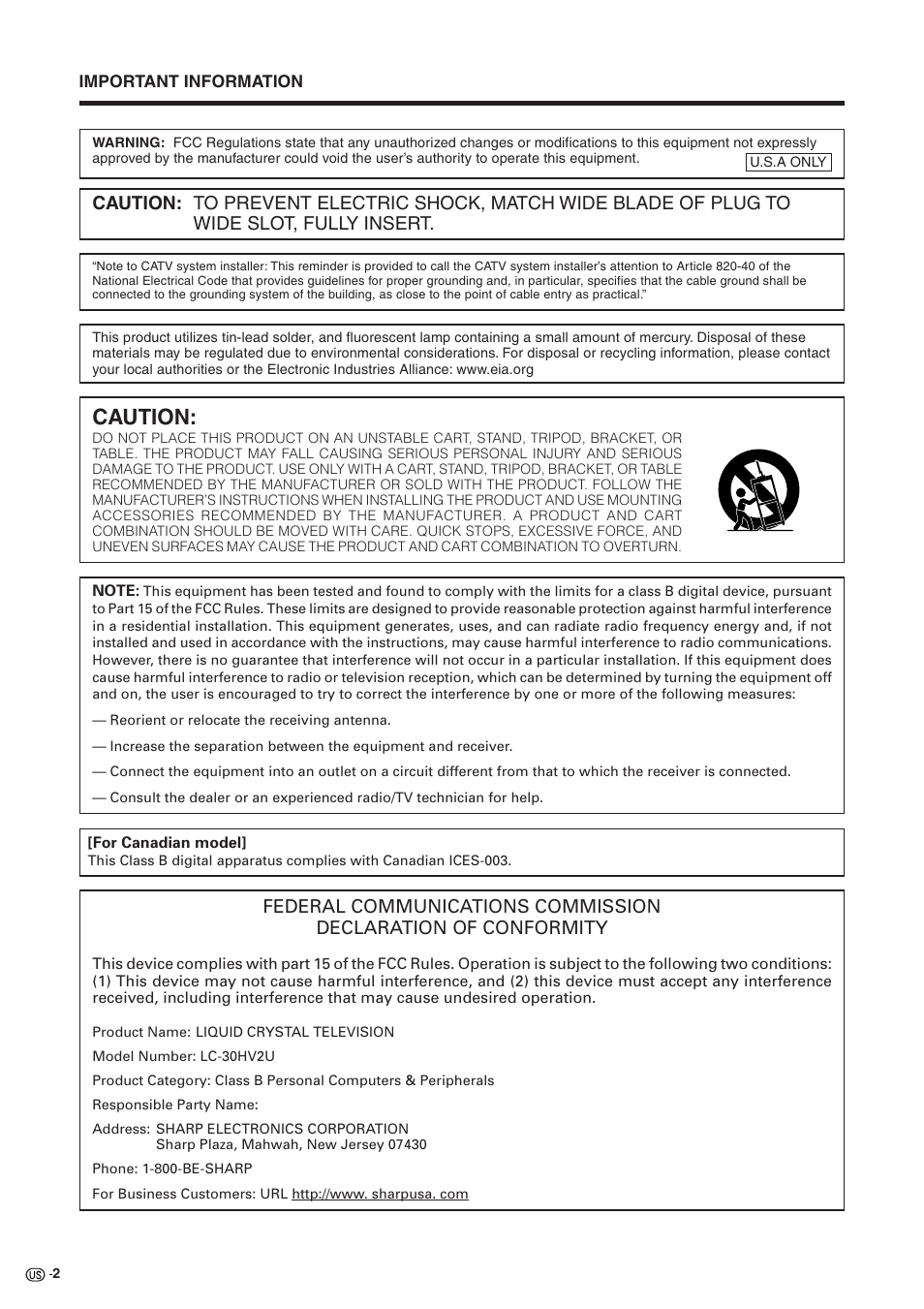 Caution | Sharp Aquos LC 30HV2U User Manual | Page 3 / 81