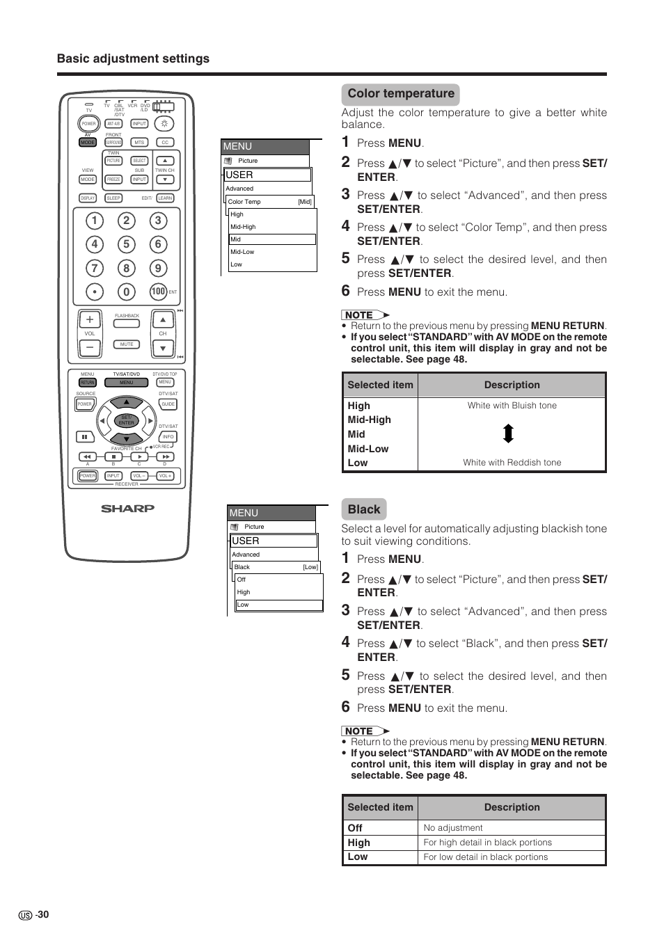 Basic adjustment settings black, Color temperature, Press menu | Press menu to exit the menu | Sharp Aquos LC 30HV2U User Manual | Page 31 / 81