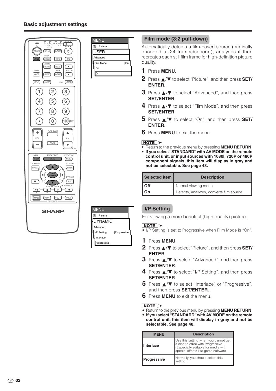 I/p setting, Press menu, Press menu to exit the menu | Sharp Aquos LC 30HV2U User Manual | Page 33 / 81