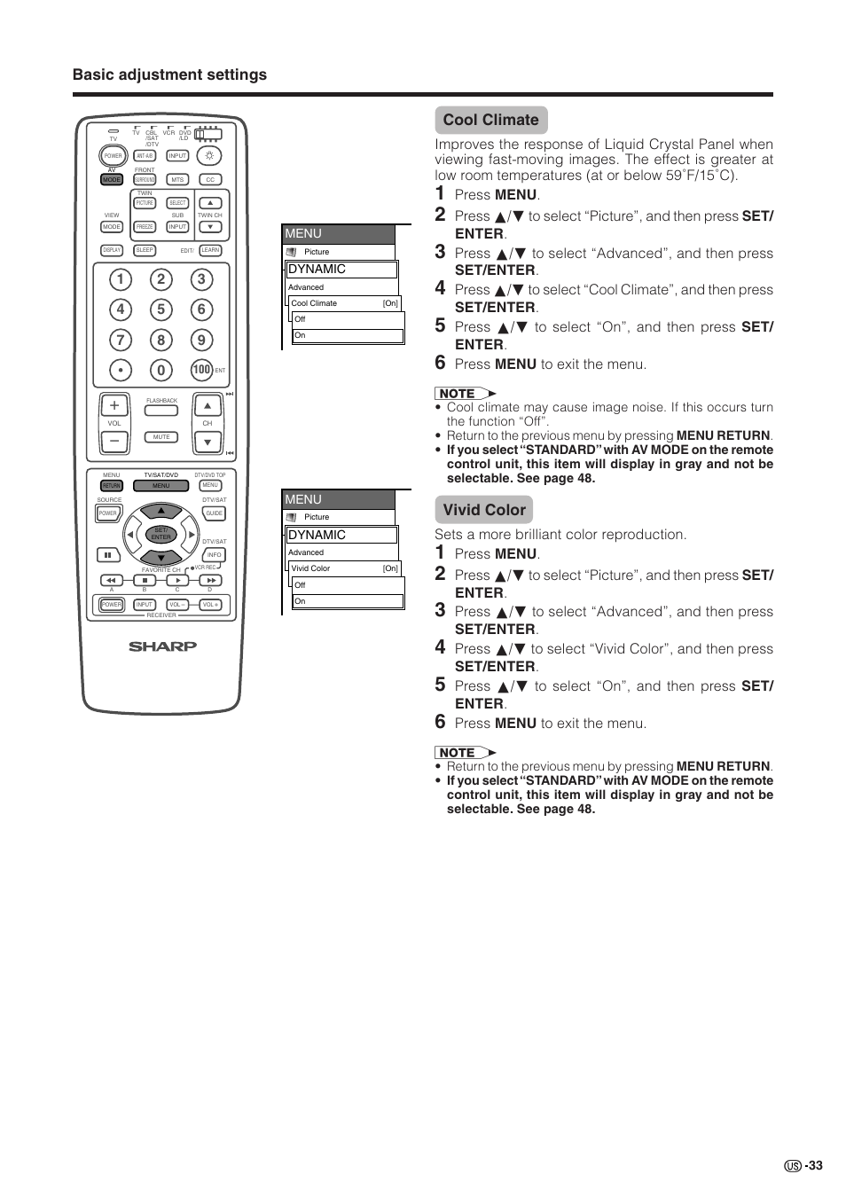 Basic adjustment settings, Cool climate, Vivid color | Press menu, Press menu to exit the menu, Sets a more brilliant color reproduction | Sharp Aquos LC 30HV2U User Manual | Page 34 / 81