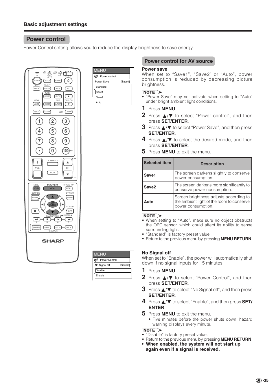 Power control, Basic adjustment settings, Power control for av source | Press menu, Press menu to exit the menu | Sharp Aquos LC 30HV2U User Manual | Page 36 / 81