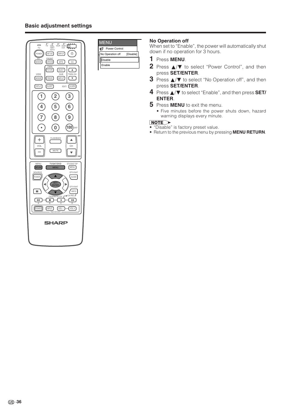 Basic adjustment settings, Press menu, Press menu to exit the menu | Menu | Sharp Aquos LC 30HV2U User Manual | Page 37 / 81