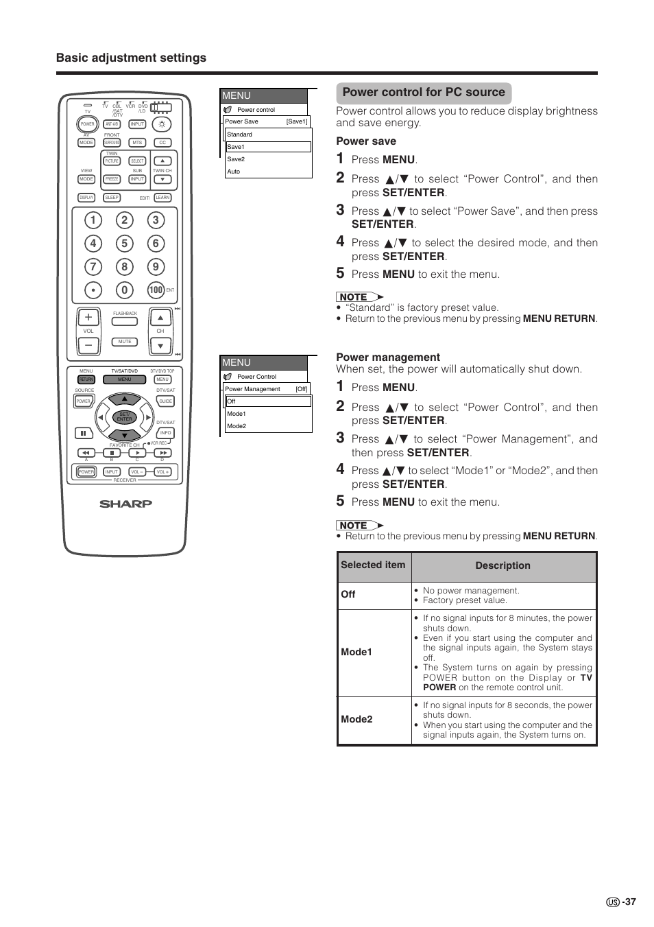 Basic adjustment settings, Power control for pc source, Press menu | Press menu to exit the menu | Sharp Aquos LC 30HV2U User Manual | Page 38 / 81