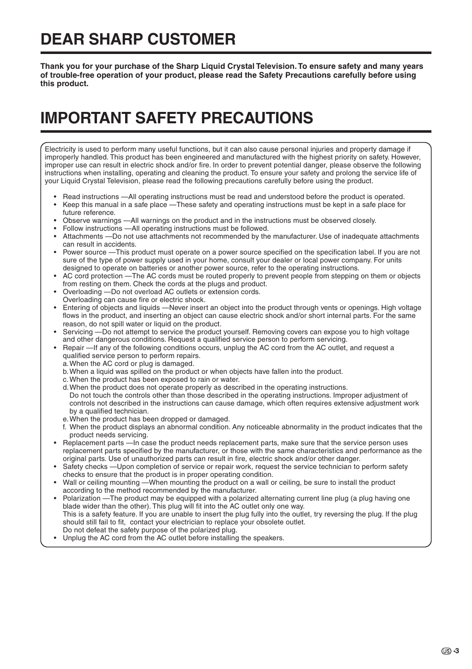 Dear sharp customer, Important safety precautions | Sharp Aquos LC 30HV2U User Manual | Page 4 / 81