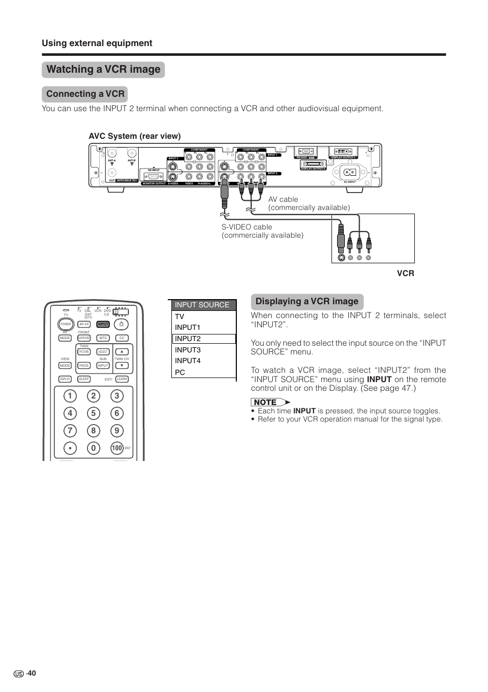 Watching a vcr image, Using external equipment, Connecting a vcr | Displaying a vcr image, Avc system (rear view) vcr | Sharp Aquos LC 30HV2U User Manual | Page 41 / 81