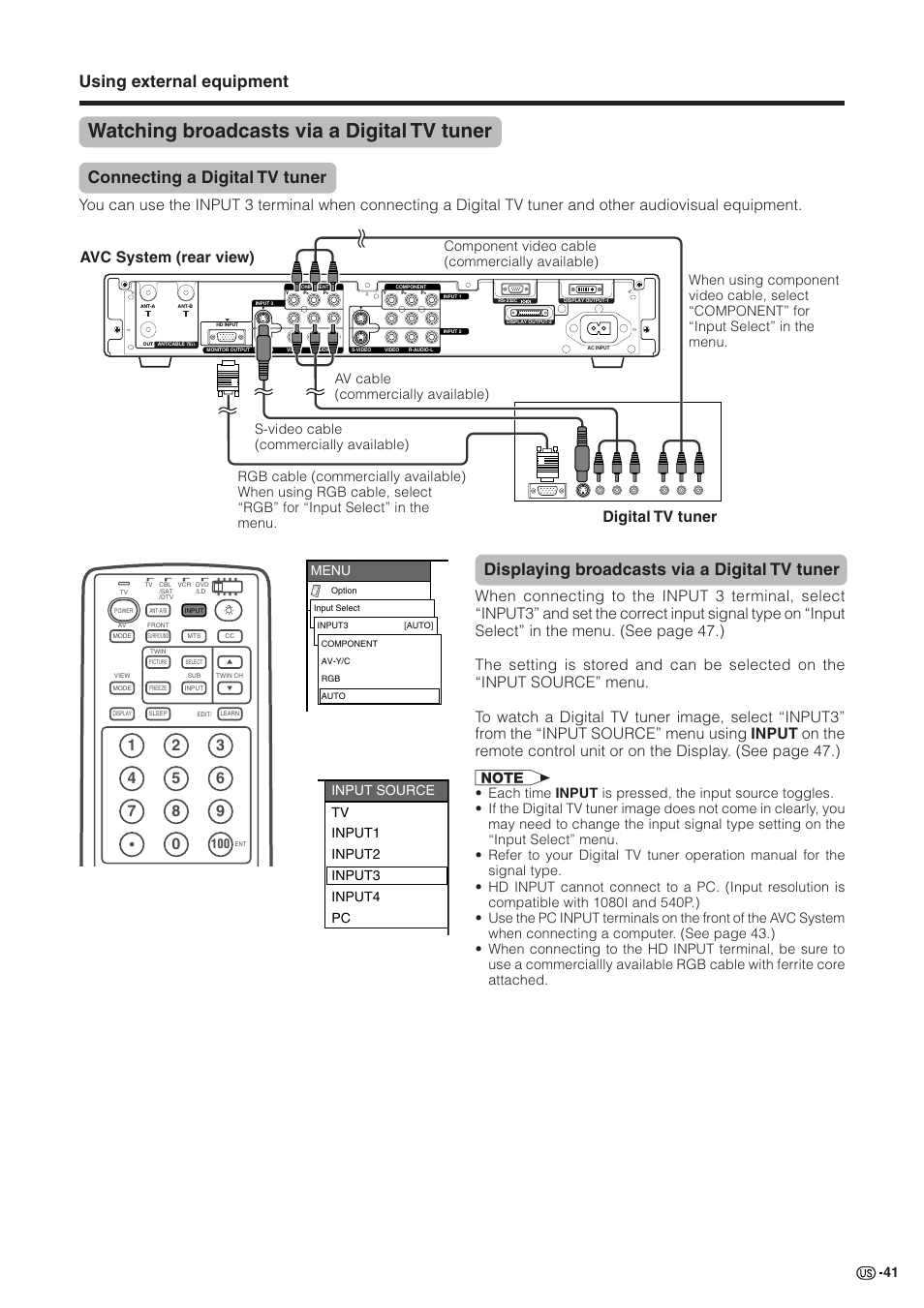 Watching broadcasts via a digital tv tuner, Using external equipment, Connecting a digital tv tuner | Displaying broadcasts via a digital tv tuner, Avc system (rear view) digital tv tuner, Menu, Input source tv input1 input2 input3 input4 pc | Sharp Aquos LC 30HV2U User Manual | Page 42 / 81