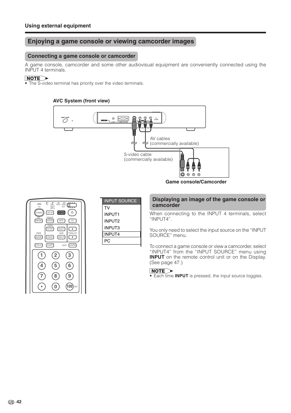 Using external equipment, Connecting a game console or camcorder, Avc system (front view) game console/camcorder | Sharp Aquos LC 30HV2U User Manual | Page 43 / 81