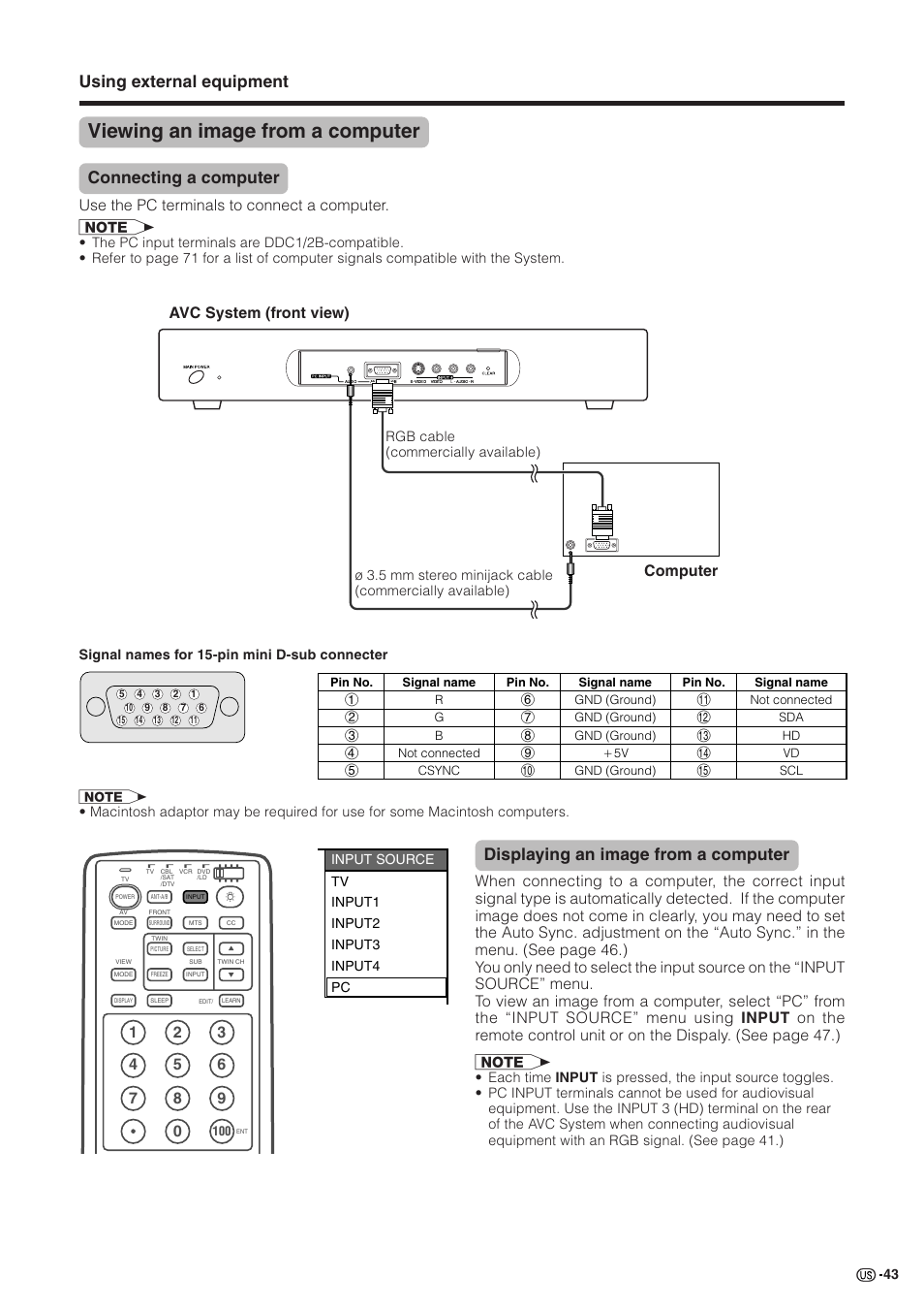 Viewing an image from a computer, Using external equipment, Connecting a computer | Displaying an image from a computer, Avc system (front view), Computer, Use the pc terminals to connect a computer. a | Sharp Aquos LC 30HV2U User Manual | Page 44 / 81