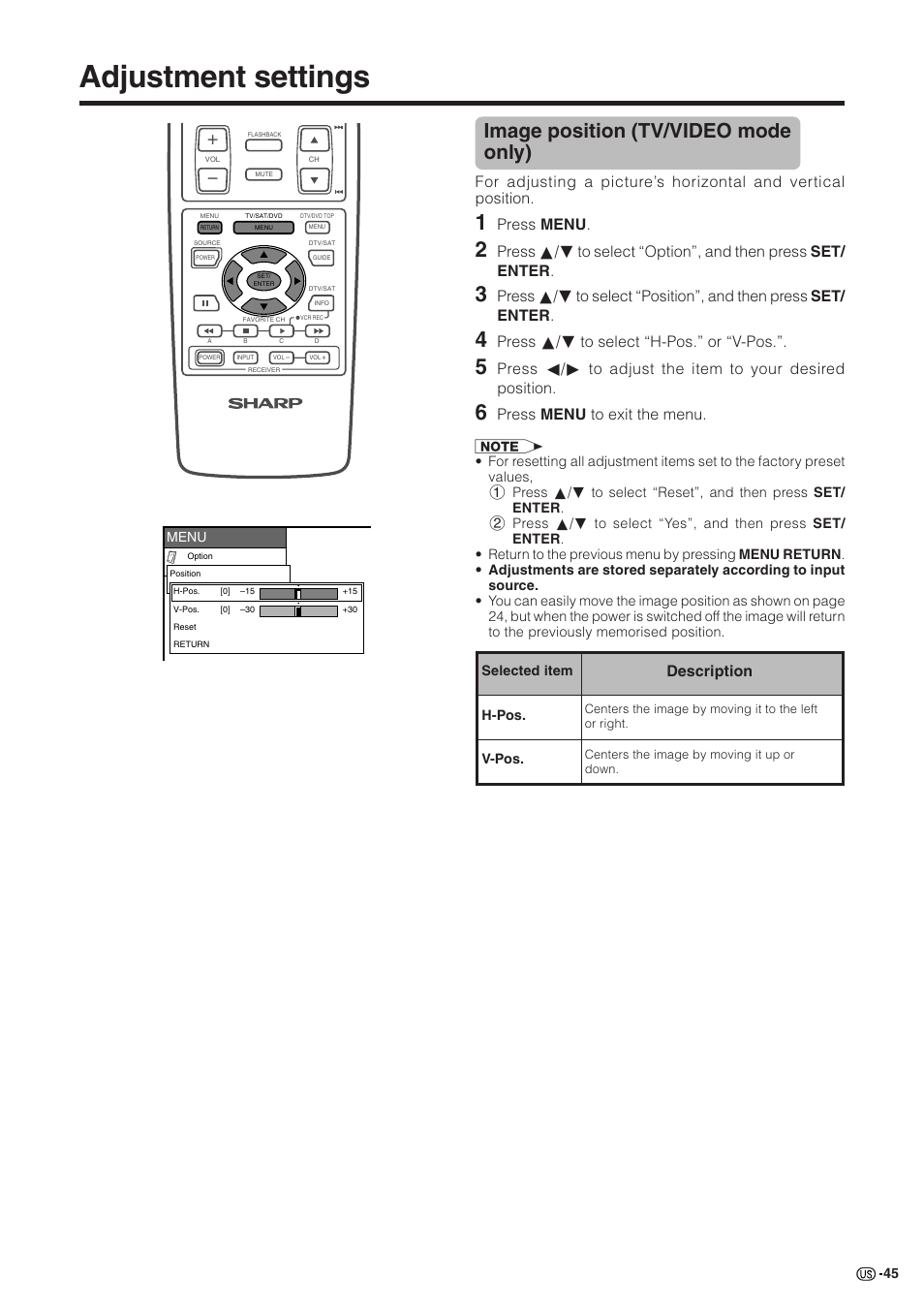 Adjustment settings, Image position (tv/video mode only), Description | Press menu, Press a/b to select “h-pos.” or “v-pos, Press menu to exit the menu | Sharp Aquos LC 30HV2U User Manual | Page 46 / 81