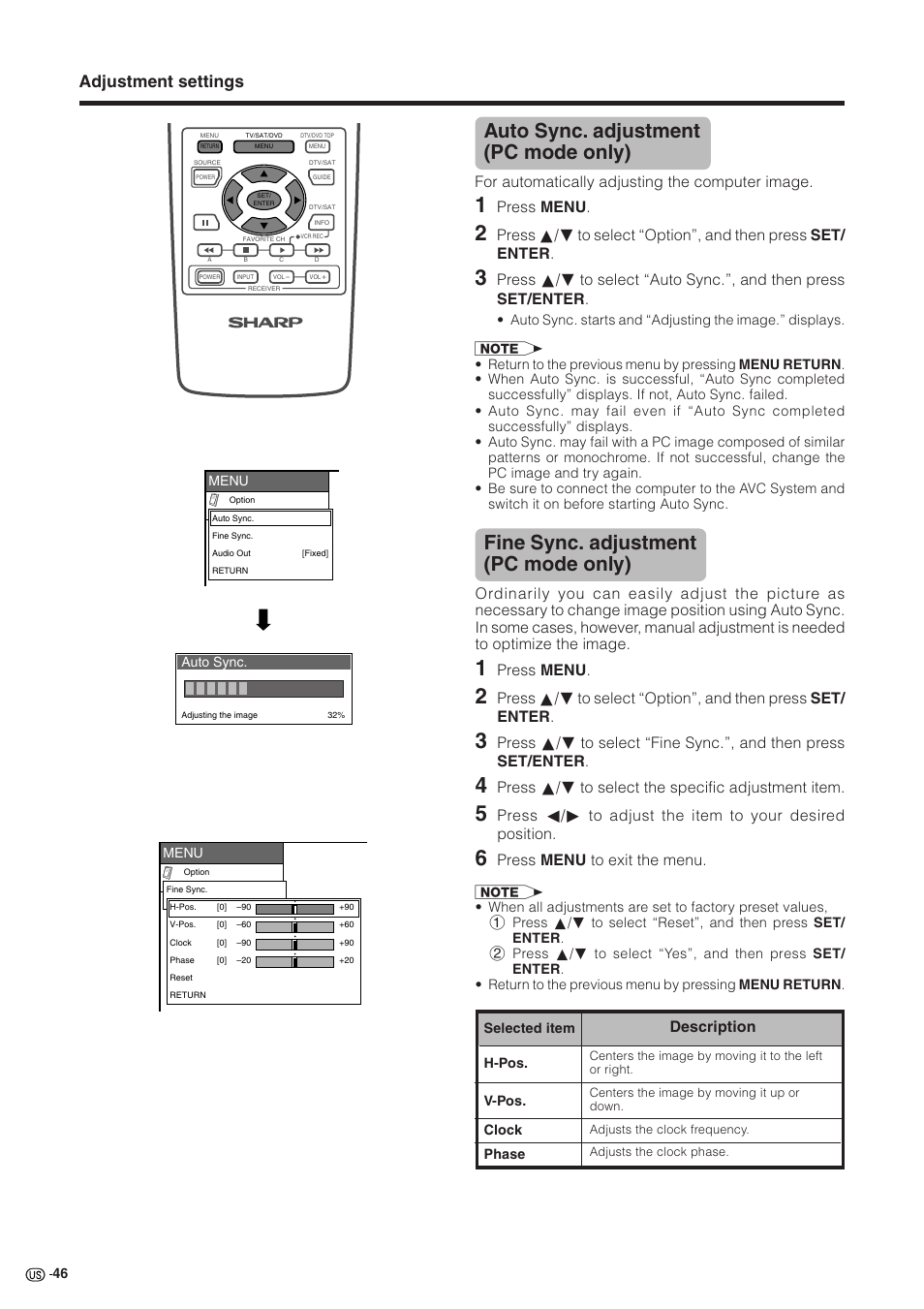 Fine sync. adjustment (pc mode only), Auto sync. adjustment (pc mode only), Adjustment settings | Press menu, Press a/b to select the specific adjustment item, Press menu to exit the menu, Description, For automatically adjusting the computer image | Sharp Aquos LC 30HV2U User Manual | Page 47 / 81