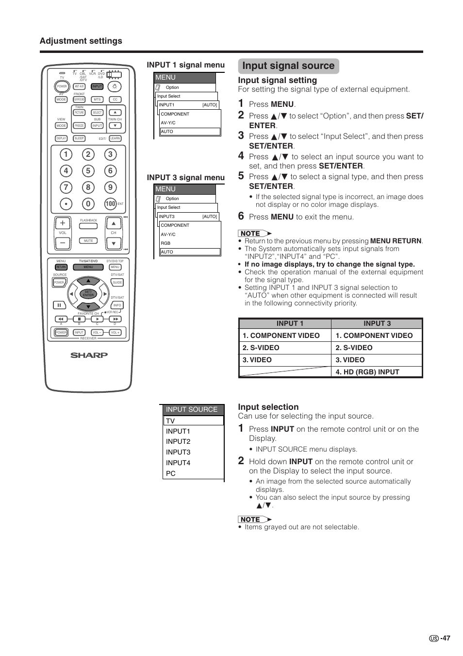 Input signal source, Adjustment settings, Input selection | Input signal setting, Input 1 signal menu input 3 signal menu, Can use for selecting the input source, For setting the signal type of external equipment, Press menu, Press menu to exit the menu | Sharp Aquos LC 30HV2U User Manual | Page 48 / 81