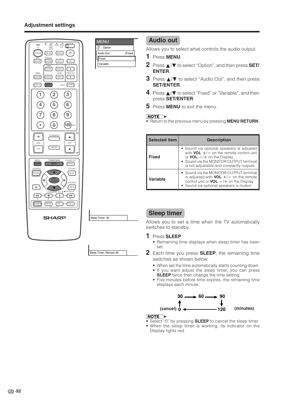 Sleep timer, Audio out, Adjustment settings | Press sleep, Press menu, Press menu to exit the menu | Sharp Aquos LC 30HV2U User Manual | Page 53 / 81