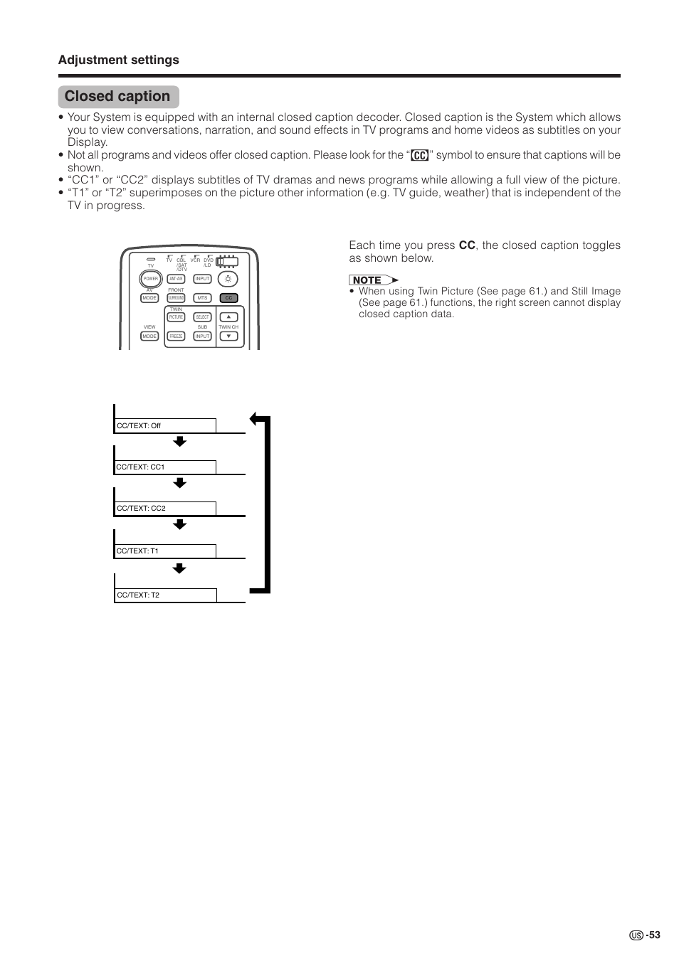 Closed caption, Adjustment settings | Sharp Aquos LC 30HV2U User Manual | Page 54 / 81